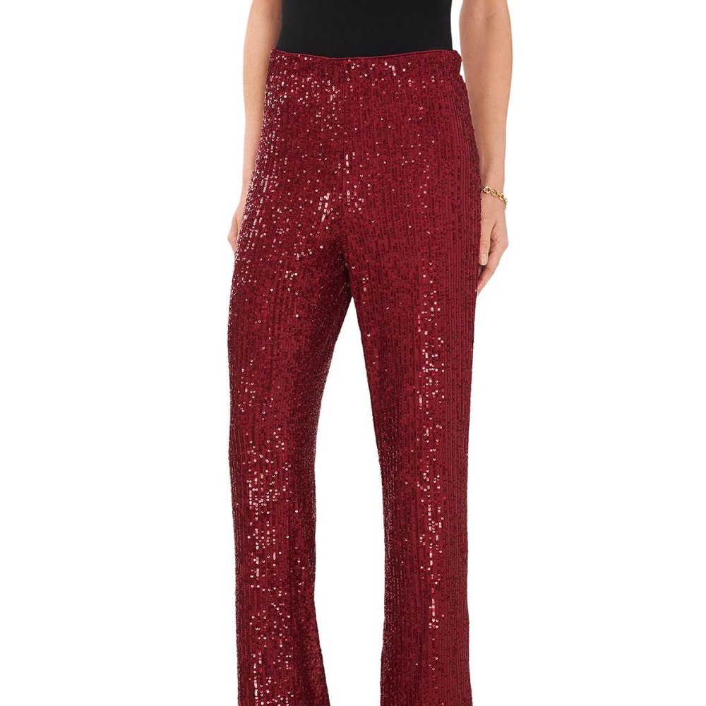 VINCE CAMUTO Women's Pull-On Sequined Flared Pants Dark wine Size Large B4HP